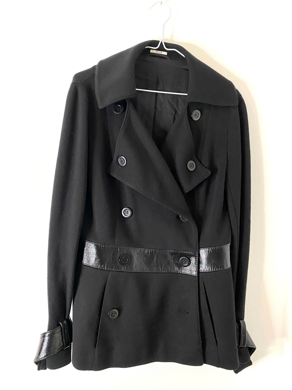 Wolford Black Virgin Wool Double Breasted Coat Patent Look Trim